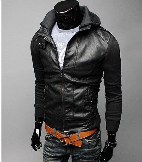 New Mens Stylish Slim Fit PU Leather Coat Jackets hoodies 3 Color 4size ...